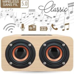 ESCAPE P | Classic wooden design. Dark wood color. Wireless version 5.0. Built-in FM radio and microphone. Call function. Play music through wireless, AUX, USB key & Micro SD card. Output: 3W x 2